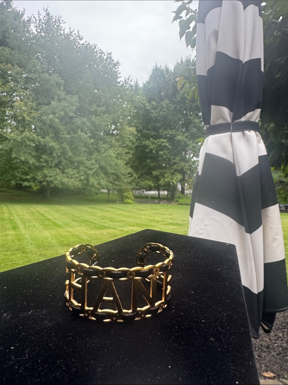 Cuff Gold-tone Chain Link with black leather Cuff Bracelet with a cutout